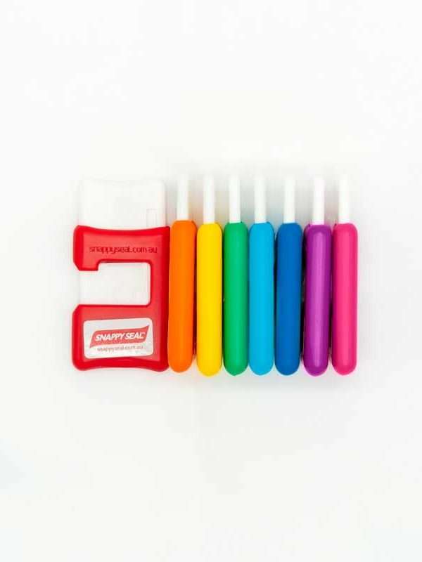 Snappy Seal Australia's Simple Bag Clips. Raindow Swirl Outer Colour. The Simple, Aussie Way to Lock in Freshness!